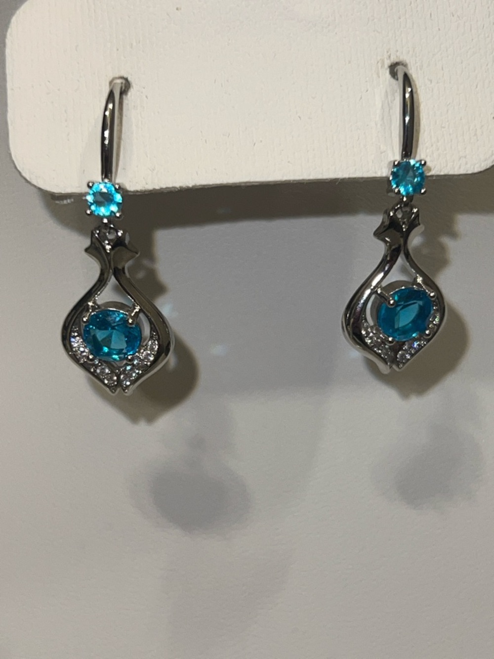 Gold Plated Sterling Silver Teal Blue Drop Earrings with Crystal Accents